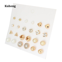 12 คู่/เซ็ต Kuhong แฟชั่นสำหรับผู้หญิง Fine Rhinestone Pearl ต่างหูดีไซน์เรียบง่าย - INTL