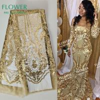 Gold Sequined Embroidered Net Lace Fabrics 2019 Classical Design African Guinea Sequins Wedding Mesh Prom Dresses Sewing Fabircs Fabric  Material