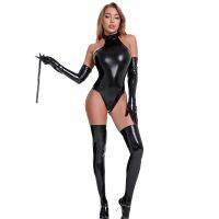 Backless Cut Bodysuit Faux Leather Piece Catsuit Tights Shaping Wear