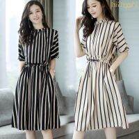 COD DSTGRTYTRUYUY ★PiggyG★ Womens Temperament Stripe Dress Womens Summer New Short Sleeve Loose and Thin Elastic Waist Mid Long Skirt Fashion