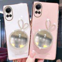 ใหม่เคสนิ่มชุบ OPPO Reno 10 10Pro เวอร์ชันสากล Reno10 Pro + 5G พร้อมกระจกแต่งหน้ากระต่าย Rhinestones ฝาครอบป้องกันเลนส์กล้องเคสใส่โทรศัพท์ Oppo Reno 10