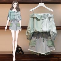 COD jfdss Large womens fat mm denim suit womens 2021 off shoulder short sleeve top and shorts two-piece set to be shipped within 5 dayslz728906.myheadset0.sg