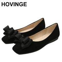 【CW】 HOVINGE Flats Women Fashion Butterfly-Knot Square Toe Party Leather Ballerinas Plus Size 33 - 43 Shallow Ladies Flats