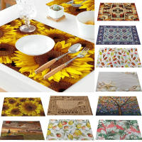 ดอกทานตะวัน Placemats วินเทจชนบทสนามต้นไม้เสื่อสถานที่สำหรับกันน้ำลื่นผ้าลินินทนความร้อนกลางแจ้งโต๊ะอาหารค่ำเสื่อ