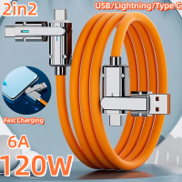 2in2 120W 6A USB แบบมัลติฟังก์ชั่นไลท์นิ่ง/ชนิด C ซูเปอร์โทรศัพท์มือถือชาร์จแบบเร็วสามารถใส่ได้กับ Iphone สายข้อมูลสำรองที่ปรับขนาดได้โทรศัพท์มือถือ Huawei Xiaomi