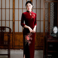 2022ฤดูหนาวผู้หญิงใหม่กำมะหยี่ทอง R จีนใหม่ปีชุดยาว Cheongsam Qipao ผู้หญิงงานแต่งงาน Dress