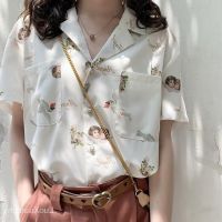 COD DDDGRYTRY Women Loose Shirts Short Sleeve Thin Casual Fashion Shirt Tops Oversized Angel Print Japanese-StyleVCollar Retro Hong Kong-Flavor Girls Design Sense Top Niche Korean-Style tees