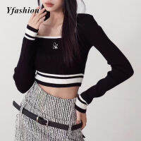 Yfashion สเวตเตอร์แขนยาวคอเหลี่ยมสำหรับผู้หญิง Baju Rajutan ลำลองเสื้อครอปครึ่งตัวเอวสูงเข้ารูปพอดีเรียบง่าย