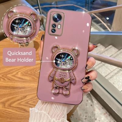 Quicksand Space Bear Holder Stand Phone Case For Xiaomi Mi 12 Lite 12X 11T 11 10T Poco X4 M4 Pro F4 X3 GT F3 Plating Soft Cover