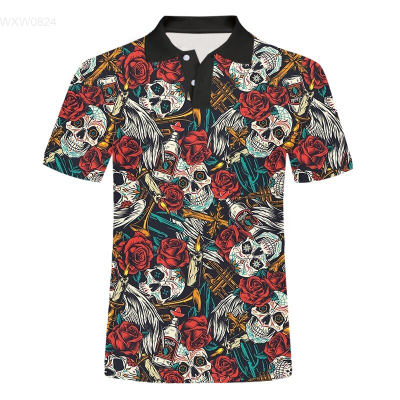Skull Flower Cool Summer 3D Polo Shirts Mens Wine Bottle 3D Printed Shirt Men Clothes Summer Homme Hip Hop Streetwear（Contactthe seller, free customization）high-quality