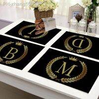 Home Decor Black Gold Letter Printing Linen Placemat for Dining Table Drink Coaster Home Decoration Modern Kitchen Cup Pads