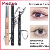 Prettye ขนตางอนเล็กกันน้ำได้ + ที่ดัดขนตาดัดผมติดทนนาน + ปากกาอายไลเนอร์สีดำเหลวดัดงลอนธรรมชาติที่สวมใส่นานแต่งตา3ชิ้น