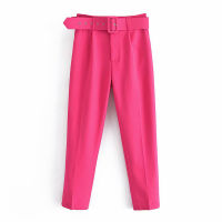 2021Womens Pants High Waist With Belt Classic Pockets Office Lady Ankle-length Trousers Female 2021 Spring Fashion Pink Harem Pants