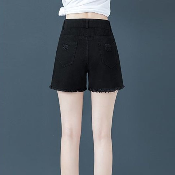 กางเกงยีนส์ผู้หญิง2023สีดำเอวสูงกางเกงยีนขาสั้นทรงสลิมขากว้างฤดูร้อนใหม่