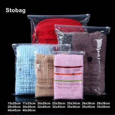 StoBag 50pcs Transparent Zipper Bag Clothes Packaging with Warning Words Sealed Clear Ziplock Shirt Storage Reusable Pouches Food Storage Dispensers