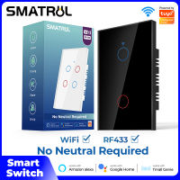 SMATRUL Tuya WiFi Switch พร้อม433Mhz Rf,smartlife APP รีโมทคอนโทรล No Neutral Smart Wall Light Switch US Touch Control Timer Home Automation 1/2/3/4Gang Voice Control สำหรับ天然/google Home/nest &amp; Amazon Alexa Echo 110V-240V สีดำ/ ขาว