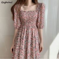 S-3XL Floral Chiffon Dress Women Sweet Puff Sleeve Empire Vintage Fairy Slim Square Collar Vestido Pink Temperament Elegant Chic