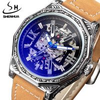 ZZOOI SHENHUA 12-edge Ruby Roman Number Dial Blue Glass Engraved Case Fashion Hollow Design Top Brand Mechanical Wind Wrist Watches