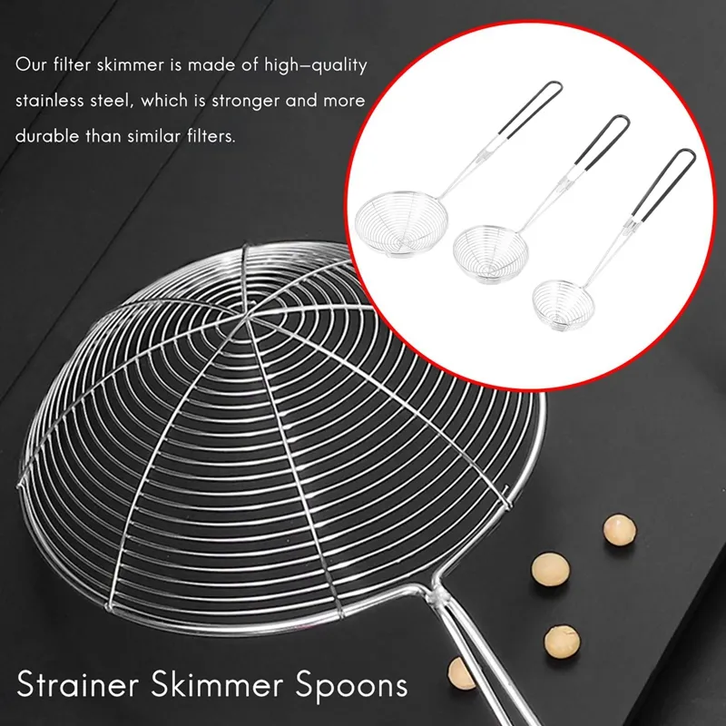 3-Piece Round Hot Pot Strainer-Stainless Steel Asian -- Spider Skimming Spoon Set, Mesh Spoon, Black