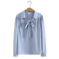 【มีไซส์ใหญ่】Plus Size L-4XL Womens White Blue Chiffon Tops Ladies V-neck Elegant Office-wear Spring Autumn New blouse