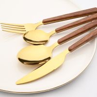 24Pcs Gold Imitation Wooden Handle Cutlery Set Stainless Steel Dinnerware Set Knife Forks Tea Spoon Tableware Western Silverware