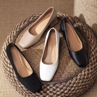 Womens Low Heels Leather Round Toe Chunky Block Heels Pumps Ladies Commute to Work Black White Shoes