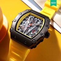 ZZOOI MEGIR Yellow Watch Men Military Sport Quartz Wristwatch with Luminous Hands Auto Date Silicone Strap Tonneau Dial