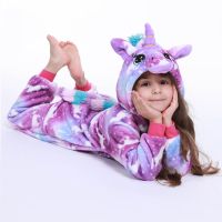 Kids Anime Overalls Flannel Oneseis For Children Winter Sleepwear Baby Girls Unicorn Panda Stitch Pajamas For 4-12 Year