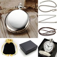 Mens Pocket Watch Set Sliver Bleck Smooth Mirror Pendant Chain Quartz Watches Women Gift Bag Box Necklace Set P300CKWB