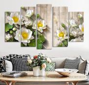 Tranh dán tường 3D Hoa sen nền gỗ - Tranh décor phòng khách