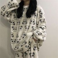 2021Women Pajamas Winter Thermal Thick Sleepwear Cute Cartoon Print Plush Flannel Warm Underwear Sets Indoor Clothes Plus Size