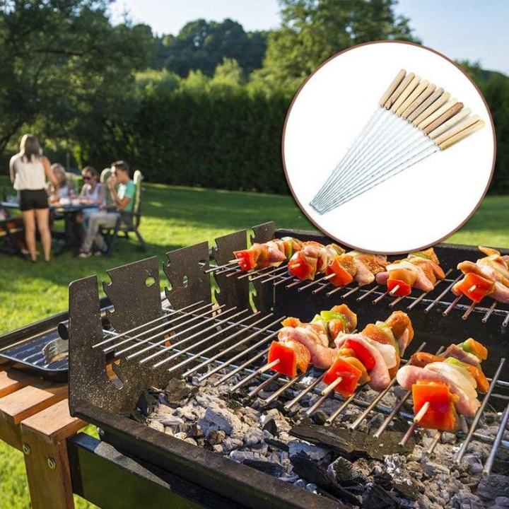 BBQ STICK BBQ Wood Handle Bamboo Skewers Stainless Steel BBQ Stick