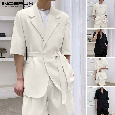 ℗ hnf531 Beehoo INCERUN 2 Chiếc Áo Blazer Ngắn Tay Có Rãnh Cho Nam Áo Khoác Quần Soóc Bộ Com Lê Blazer (Phong Cách Hàn Quốc)