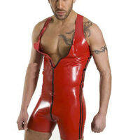 ชุดชั้นในเซ็กซี่เร้าอารมณ์ Latex Catsuit สีแดงแขนกุด Zip To Crotch เกย์หนังเซ็กซี่เปิด Crotch Bodysuit