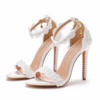 High-heeled sandals white word strap shoes heel fish mouth Roman sandals white lace sandals