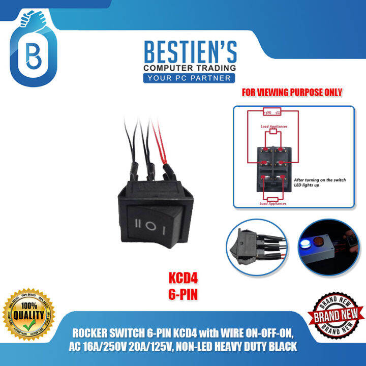 ROCKER SWITCH 6-PIN KCD4 with WIRE ON-OFF-ON, AC 16A/250V 20A/125V, NON