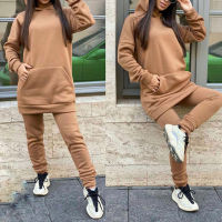 Women Fleece Tracksuit Winter Solid Oversized Hoodies Two Piece Set Long Sleeve Hooded Sweatshirt Pants Suit Sportwear Outfit