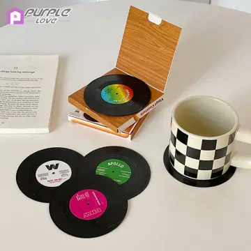Set of 6 Vinyl Coasters for Drinks Music Coasters with Vinyl Record Player  Holder Retro Record Disk Coaster Mug Pad Mat Creative Decoration for Bar