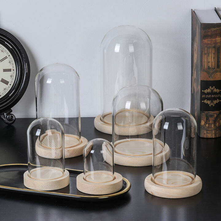 ในสต็อก-แจกันแก้วดอกไม้แสดง-cloche-bell-jar-ขวด-terrarium-พร้อมฐานไม้ฝาครอบกันฝุ่น-immortal-storage-box-home-tabletop-decor