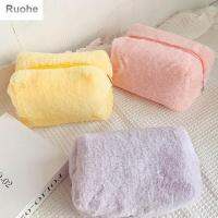 RUOHE สีทึบกระเป๋าเข้าห้องน้ำแบบมีซิปนุ่มสำหรับพกพา,กระเป๋าเก็บของกระเป๋าเครื่องสำอางมาคารอนที่จัดระเบียบเครื่องสำอางกำมะหยี่นุ่มจุได้เยอะ