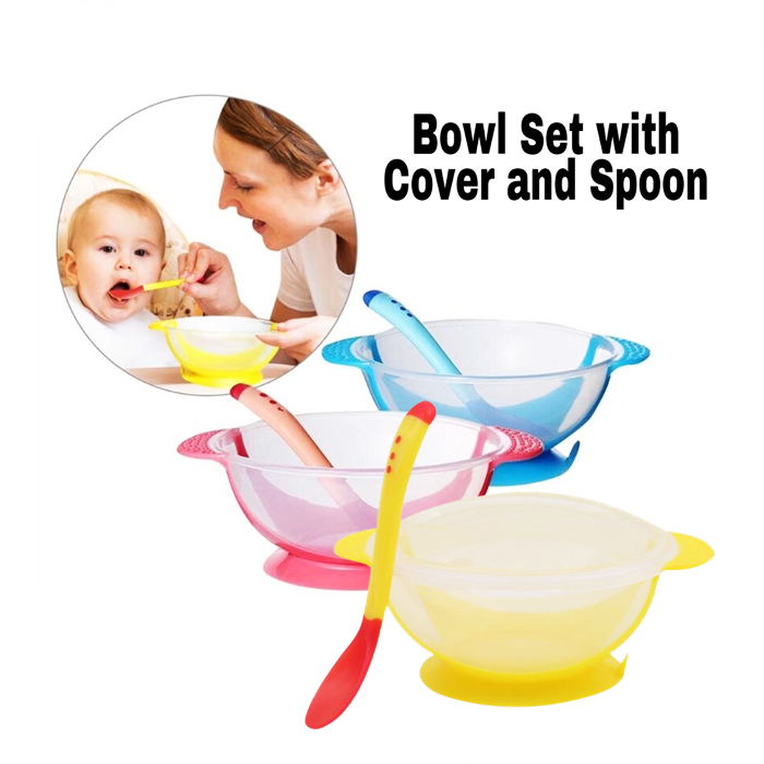 Baby Kids Feeding Suction Bowl Temperature Sensing Spoon Child Tableware Set, Yellow