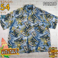 PAZZO®แท้ อก 54 เสื้อฮาวายชาย เสื้อวินเทจ เสื้อผ้าผู้ชาย สีน้ำเงิน แขนสั้น เนื้อผ้าดี