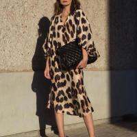 【YF】 Party Dress Female Clothing V-Neck Lantern Sleeve Side Split Hem Women Leopard Print Loose Elegant