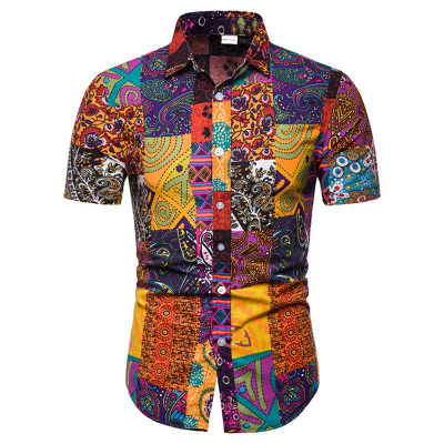 Coloful Vintage African Ethnic Print Shirt Men Chemise Homme 2022 nd New Mens Dress Shirts Short Sleeve Hawaiian Shirt Male