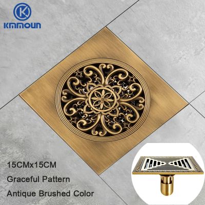 15x15cm Brass Antique Brushed Floor Drain Bathroom Kitchen Shower Room Porch Square Floor Waste Drain Grate Sanitary Drainer  by Hs2023