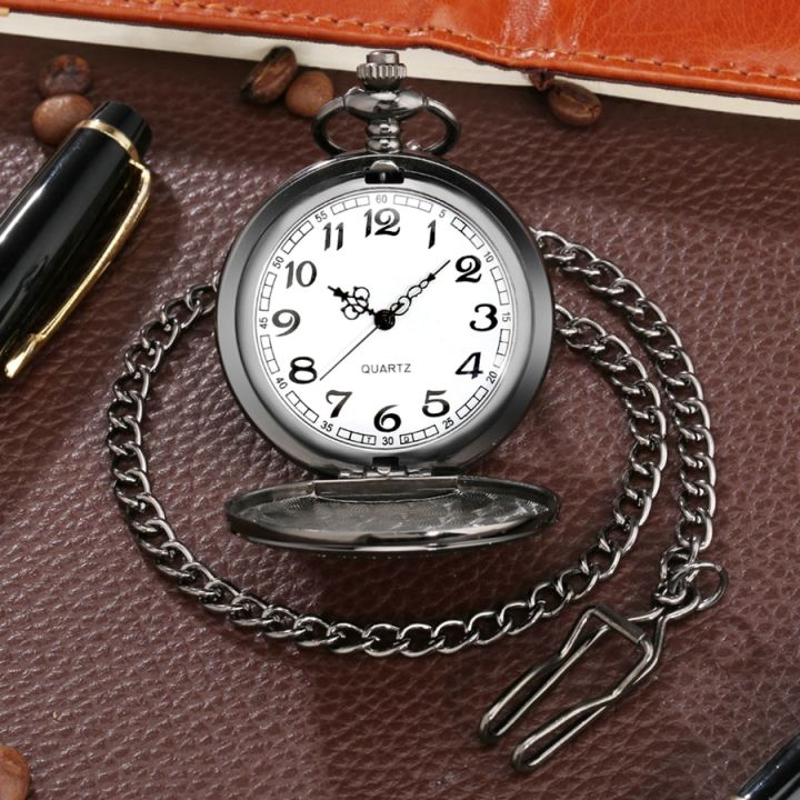 นาฬิกาควอตซ์-jam-rantai-นาฬิกาพกแบบย้อนยุคสีดำเรียบสำหรับจำหน่ายผู้ชายผู้หญิงเด็ก
