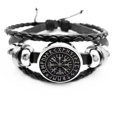 initial New Hot Sale Vegvisir Viking Compass Snap Button Bracelet Jewelry Glass Cabochon Black Bracelet Jewelry