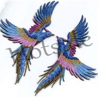 【hot sale】 ⊙ B15 Phenix Birds Azure Blue Pink Gold Embroidered Appliques Iron-On Patches Pair