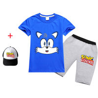 Sonic The Hedgehog เสื้อยืดกางเกงขาสั้นชุดเด็กชายหญิงแขนสั้นบุคลิกภาพการ์ตูน Hip-Hop สไตล์ผ้าฝ้าย Tee เสื้อพิมพ์กางเกงขาสั้น RT1703A หมวก