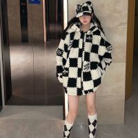 Retro checkerboard jacket for women autumn and winter warmth and thick hoodies plush padded jacket ins Harajuku sweatshrt